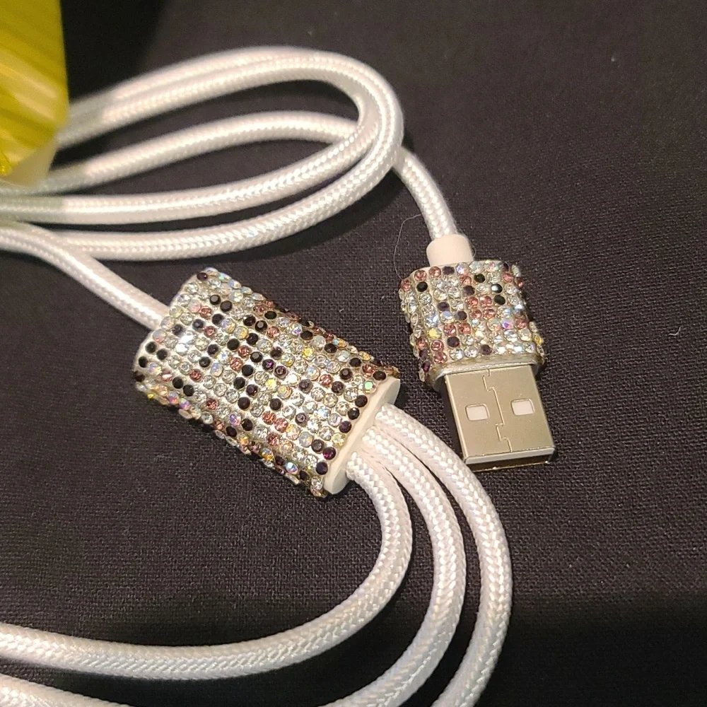 Cell Car Charger system- Rhinestone white cord - Iphone, USB A, USB C & Android